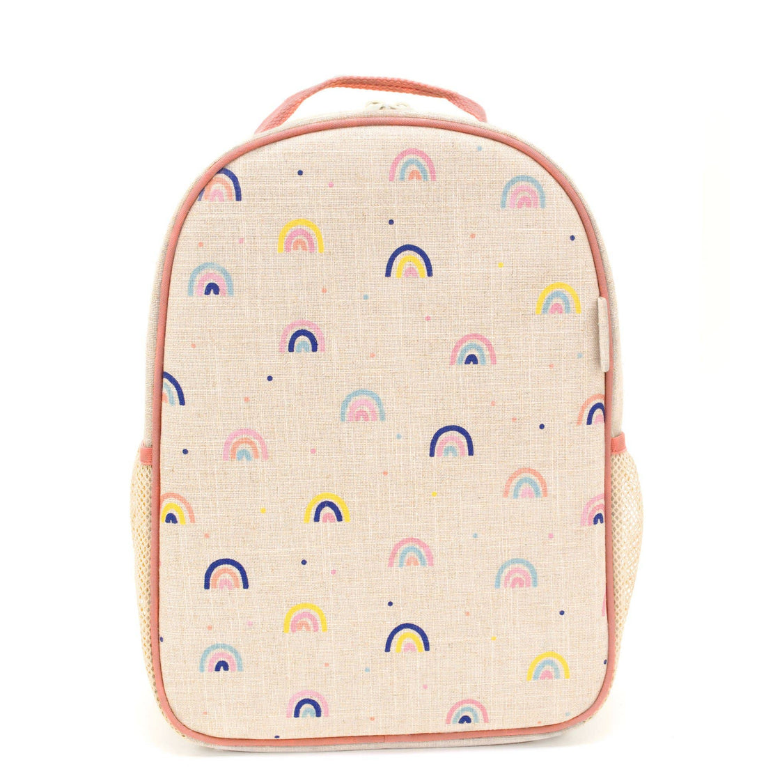 Cream and pink backpack with colorful rainbows 