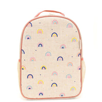 Cream and pink backpack with colorful rainbows 