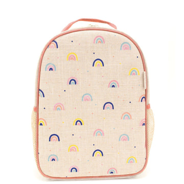 Cream and pink backpack with colorful rainbows 