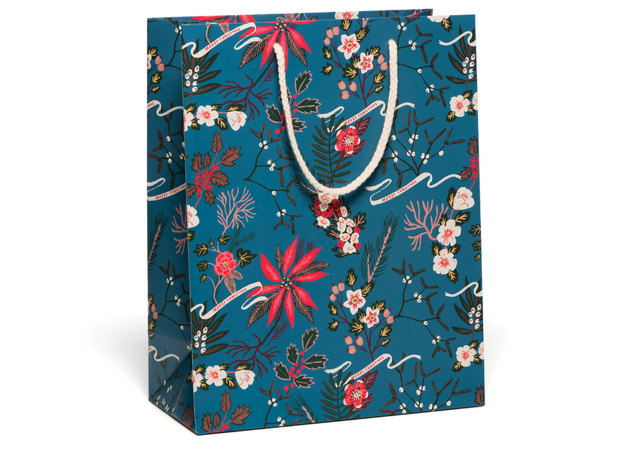 Large blue gift bag with poinsettia print