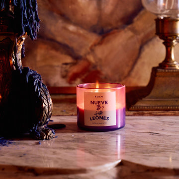 Nueve Leones Candle in purple vessel