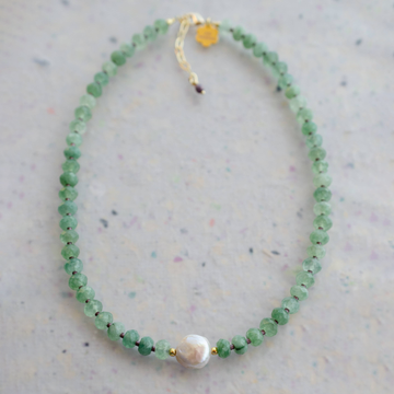 sage beaded necklace with a mother of pearl