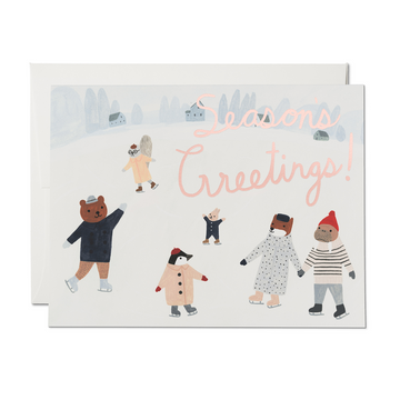 Card with illustrated animals in winter clothing and 'Season's Greetings!' text on a white background