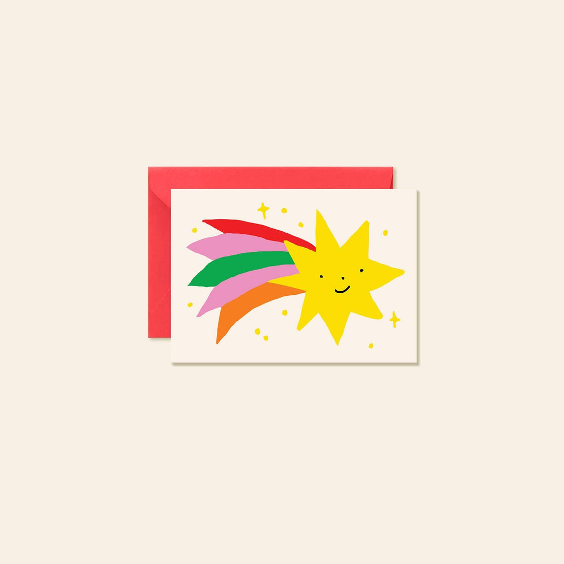 A greeting card with a cute yellow smiling star and rainbow shooting star illustration