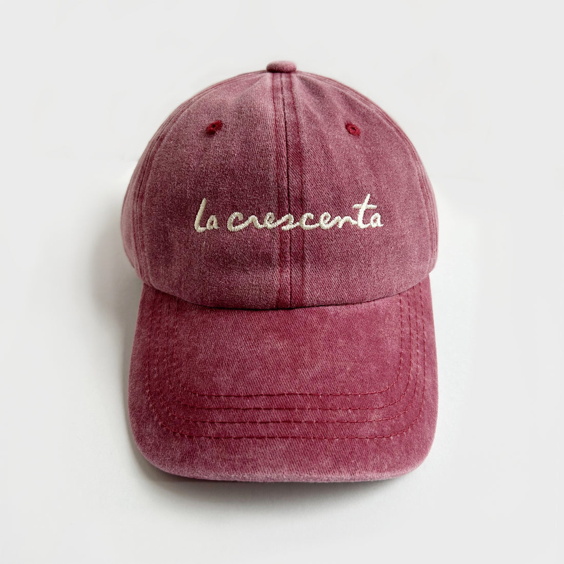 carmine red vintage washed colored lettered la crescenta baseball cap