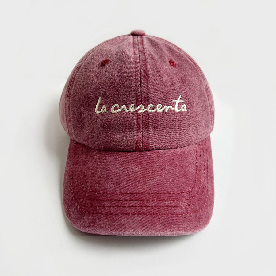 carmine red vintage washed colored lettered la crescenta baseball cap