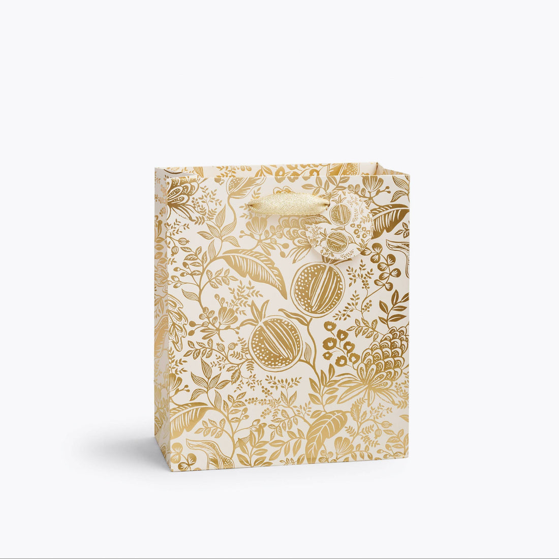 Gift bag with floral and fruit pattern on a white background