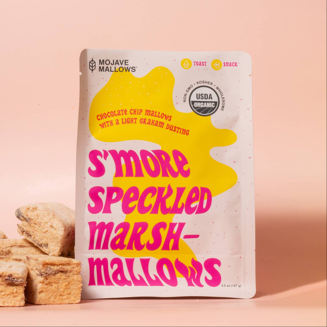 Box of Mojave Mallows S'more Speckled Marshmallows on a pink background