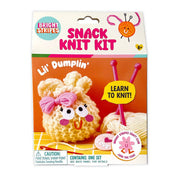 Snack knit kit with a knitted bunny and knitting needles 