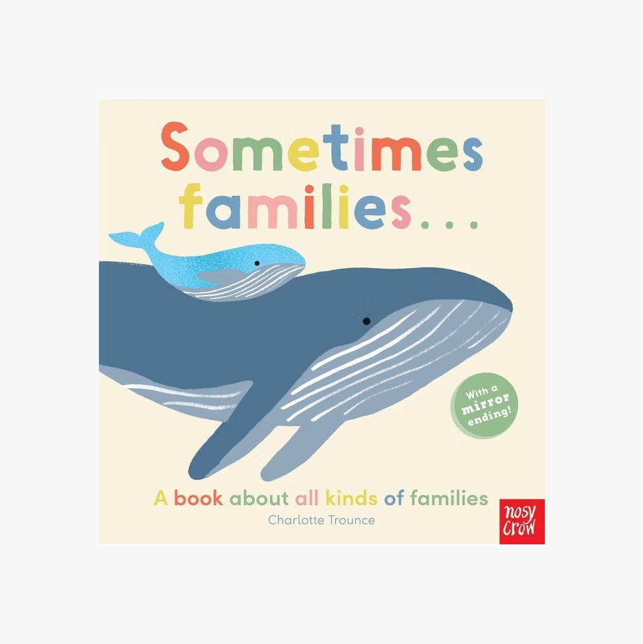 Book cover with a whale and baby whale illustration and colorful text on a beige background