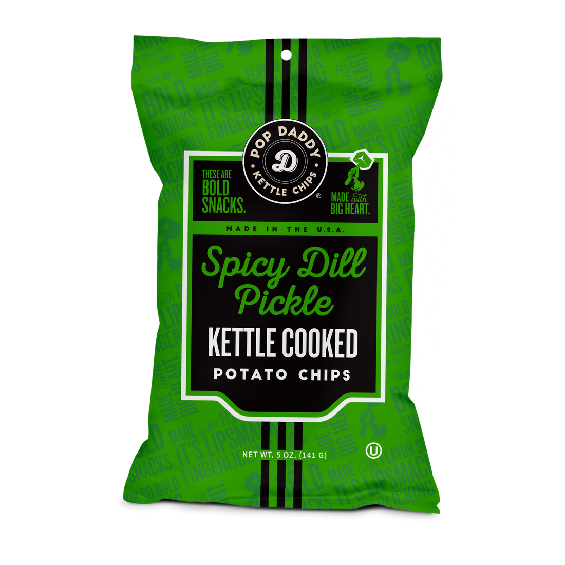 Green bag of Spicy Dill Pickle kettle cooked potato chips with Pop Daddy branding.