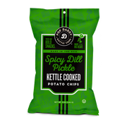 Green bag of Spicy Dill Pickle kettle cooked potato chips with Pop Daddy branding.