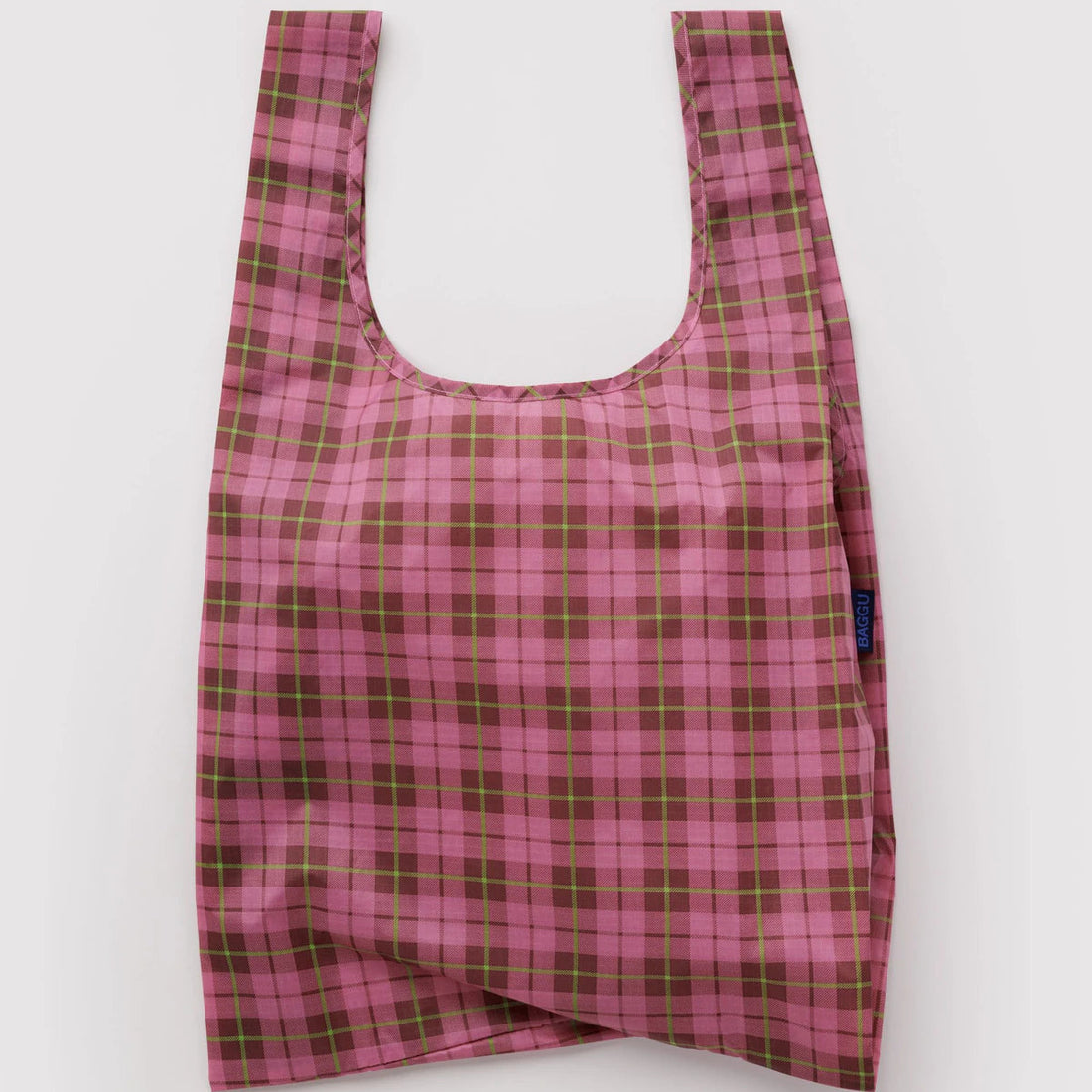 reusable bag pink red and yellow plaid pattern