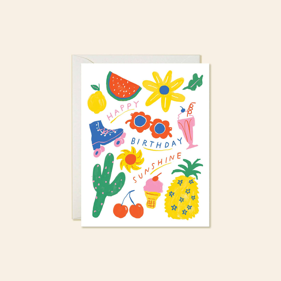 A birthday greeting card with a white background and colorful summer-themed illustrations, including a watermelon slice, yellow flower, roller skate, sunglasses, pink cocktail glass, cactus, cherries, pineapple, and an ice cream cone. 