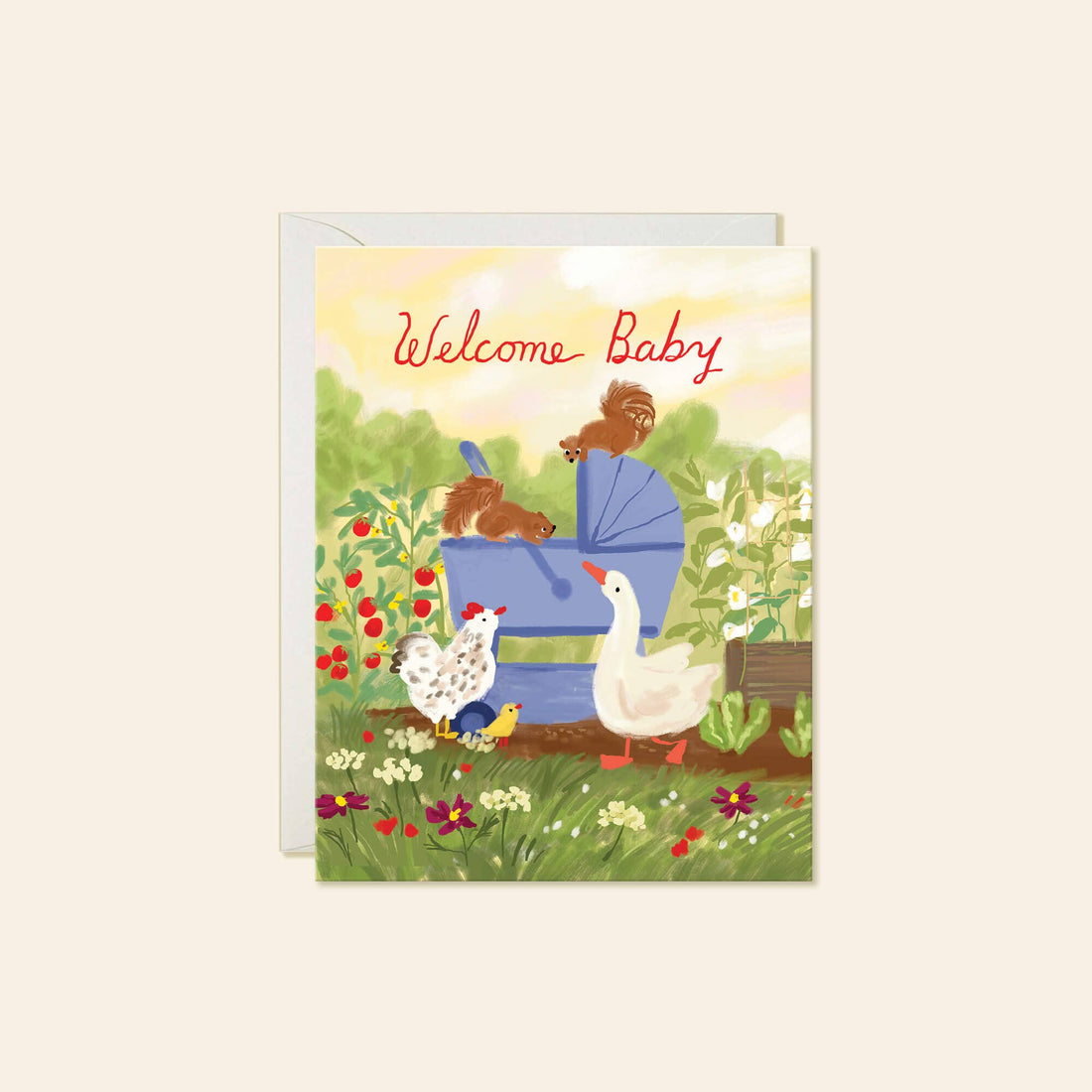 A greeting card with a white envelope behind it, featuring a colorful illustration of farm animals around a blue baby stroller. The card reads 'Welcome Baby'
