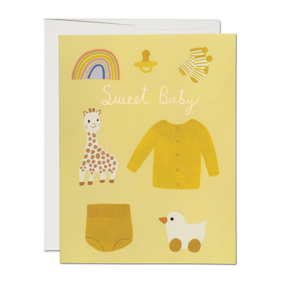 Yellow baby-themed greeting card with illustrations and 'Sweet Baby' text 