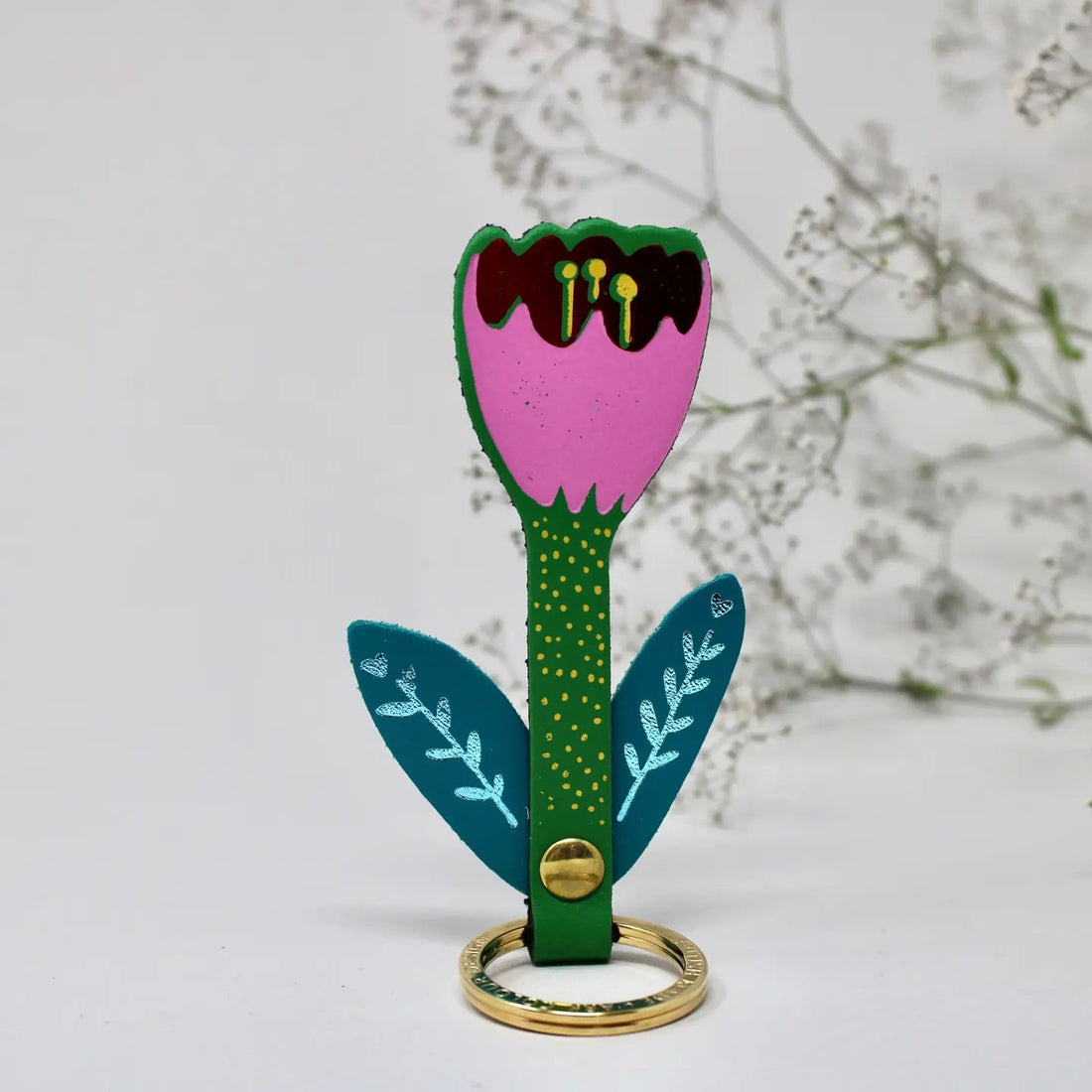 bright green and pink leather tulip keychain 
