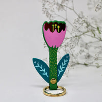 bright green and pink leather tulip keychain 
