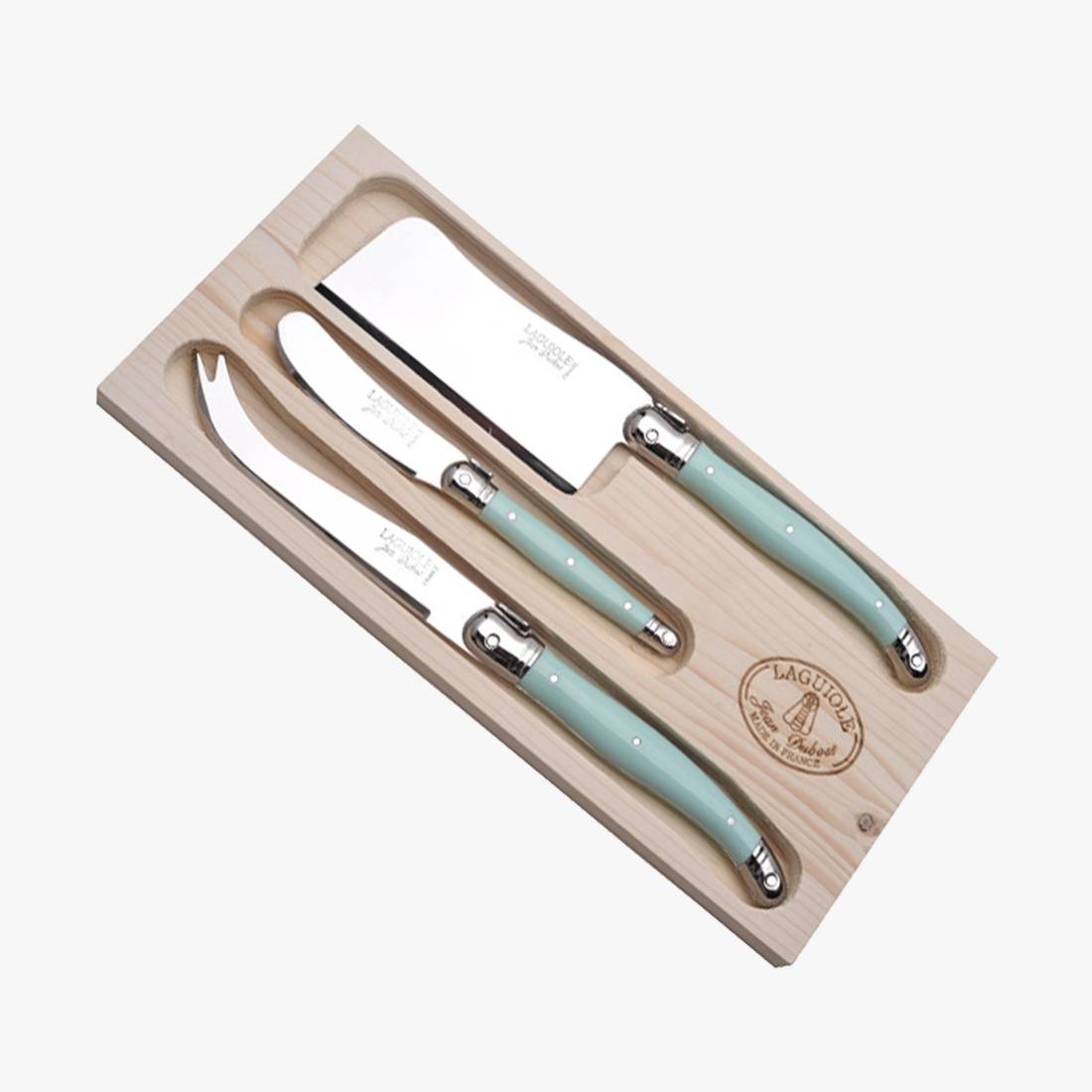 Set of 3 cheese knives with turquoise handles in a wooden box