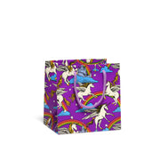 small purple gift bag with unicorns and rainbows