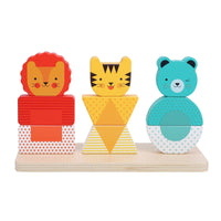 Three colorful animal-shaped blocks on a wooden base with a white background