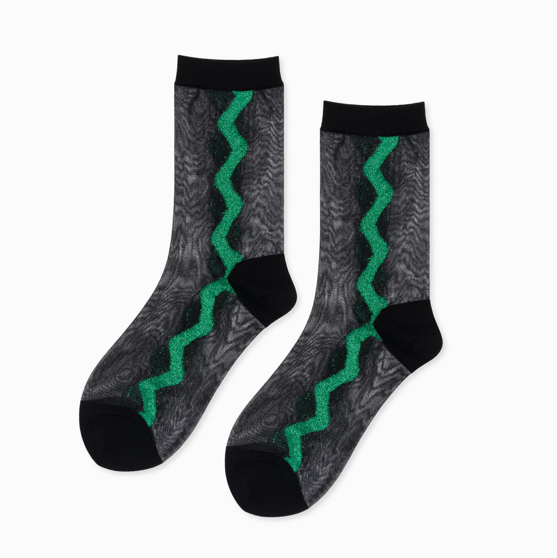 black sheer socks with a green zig zag stripe 
