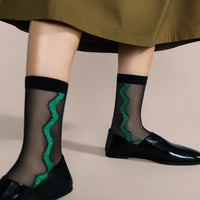 Zig Zag Sheer Crew Socks - Black