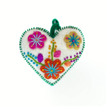 White Heart Embroidered Ornament - Green