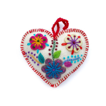 White Heart Embroidered Ornament - Red