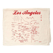 tea towel with los angeles cursive lettering and los angeles imagery