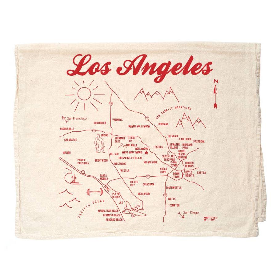 tea towel with los angeles cursive lettering and los angeles imagery