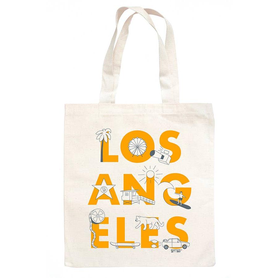 tote bag with los angeles in yellow coloring and los angeles imagery