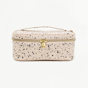 Makeup pouch with black ink splatter pattern